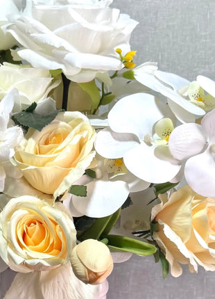 Silk Floral Arrangement in lemon yellow rose, orchid and tulips |Lemon drop Way home decor Beaux Faux Flowers Shop