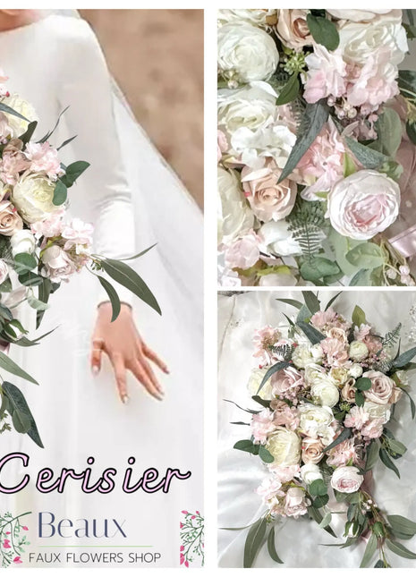 Cascading white blush pink  silk flower Bridal Bouquet Held by bride