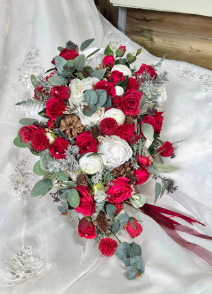 Silk Rose ranunculus Cascading Bridal Bouquet Wedding Flowers in reds, Ivory - Beaux Faux Flowers Shop