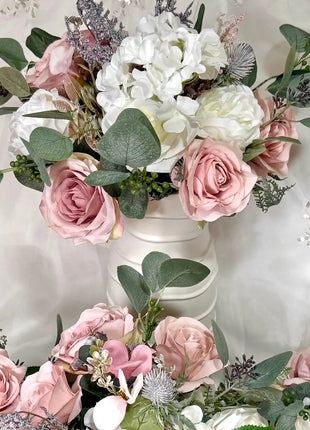 Dusky pink silk rose and grey scottish thistle bridal teardrop bouquet Beaux Faux Flowers Shop