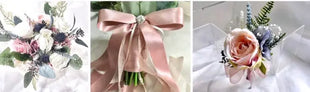 Three images of floral arrangements with ribbons and flowers.