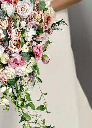Bridal teardrop Bouquet, Artificial Wedding Flowers  in cerise ,blush pink, ivory, blue - Beaux Faux Flowers Shop