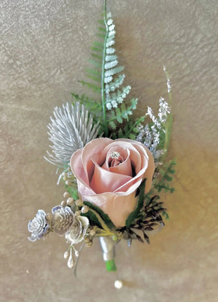 Dusky pink silk rose and grey scottish thistle bridal teardrop bouquet Beaux Faux Flowers Shop