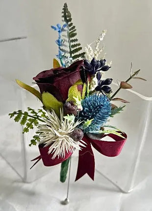 Gents, guest scottish burgundy rose and blue thistle buttonhole Beaux Faux Flowers Shop