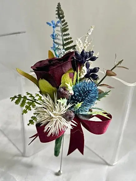 Gents, guest scottish burgundy rose and blue thistle buttonhole Beaux Faux Flowers Shop