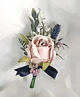 Gents, guest blush pink rose and thistle buttonhole Beaux Faux Flowers Shop