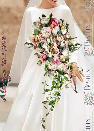 Bridal teardrop Bouquet, Artificial Wedding Flowers  in cerise ,blush pink, ivory, blue - Beaux Faux Flowers Shop