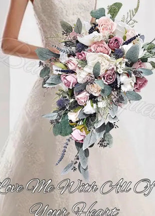 Bouquet of flowers held by a person wearing a wedding dress with text overlay.