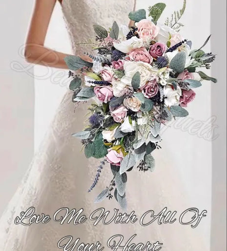 Bouquet of flowers held by a person wearing a wedding dress with text overlay.