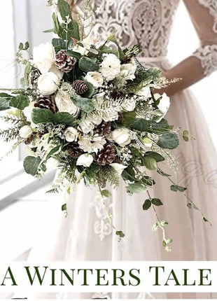 Wintry, Christmas bride bouquet in white, Ivory, cream with fir cones 10pc Beaux Faux Flowers Shop