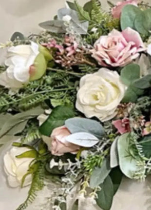 Artificial flowerTable Arrangement with blush, dusty pink and cream roses, eucalyptus, astilbe Beaux Faux Flowers Shop
