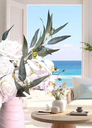Silk Peony ivory white flower Arrangement with orchid peonies, roses, Nicoli eucalyptus - Cliff View Beaux Faux Flowers Shop