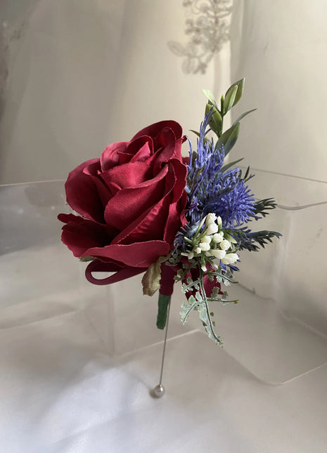 Gents, guest scottish red open rose and blue thistle buttonhole Beaux Faux Flowers Shop