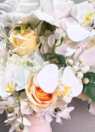 Silk Floral Arrangement in lemon yellow rose, orchid and tulips |Lemon drop Way home decor Beaux Faux Flowers Shop