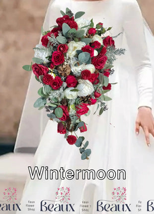 Silk Rose ranunculus Cascading Bridal Bouquet Wedding Flowers in reds, Ivory - Beaux Faux Flowers Shop