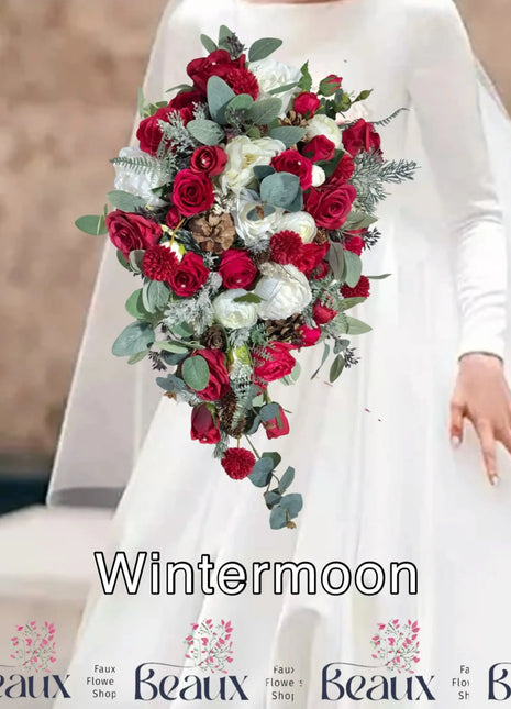Silk Rose ranunculus Cascading Bridal Bouquet Wedding Flowers in reds, Ivory - Beaux Faux Flowers Shop