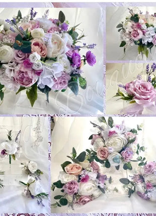 Collage of various floral arrangements with pink, white, and purple flowers.