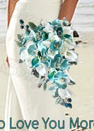 Bouquet of blue and white flowers with text 'To Love You More' on a blurred background