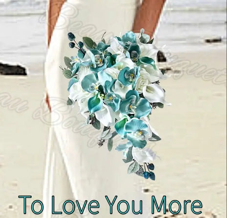 Bouquet of blue and white flowers with text 'To Love You More' on a blurred background
