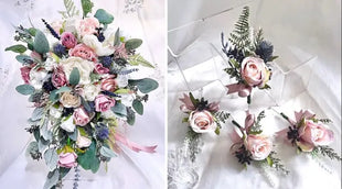 Large floral arrangement with pink and white flowers and smaller floral corsages on a white background.