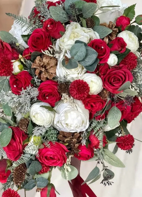 Silk Rose ranunculus Cascading Bridal Bouquet Wedding Flowers in reds, Ivory - Beaux Faux Flowers Shop