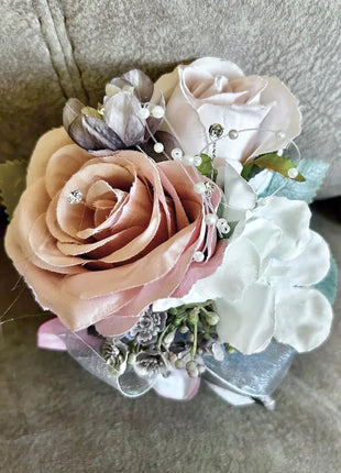 Dusky pink silk rose and grey scottish thistle bridal teardrop bouquet Beaux Faux Flowers Shop