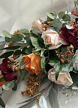 Scottish Table Arrangement with rustic roses, burnt orange, burgundy, cream Beaux Faux Flowers Shop