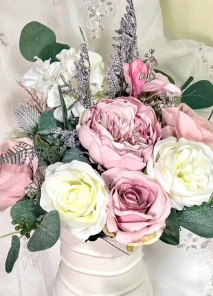 Dusky pink silk rose and grey scottish thistle bridal teardrop bouquet Beaux Faux Flowers Shop