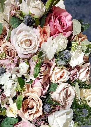 Bridal teardrop Bouquet, Artificial Wedding Flowers  in cerise ,blush pink, ivory, blue - Beaux Faux Flowers Shop