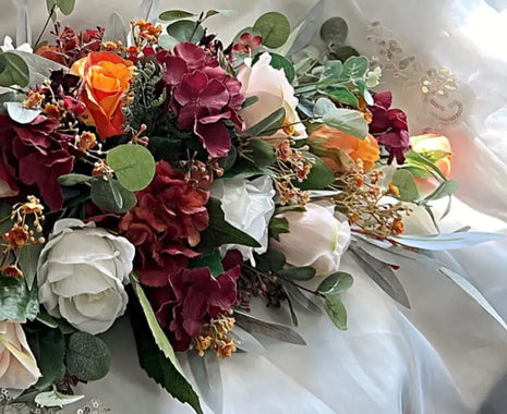 Scottish Table Arrangement with rustic roses, burnt orange, burgundy, cream Beaux Faux Flowers Shop