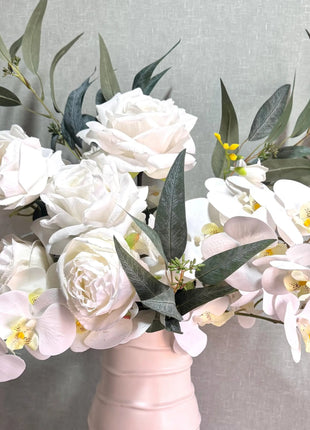 Silk Peony ivory white yellow flower Arrangement with orchid peonies, roses, Nicoli eucalyptus - Cliff View Beaux Faux Flowers Shop