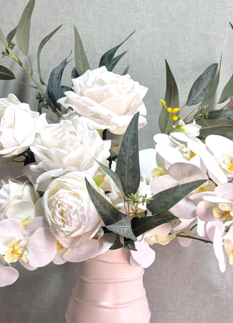 Silk Peony ivory white yellow flower Arrangement with orchid peonies, roses, Nicoli eucalyptus - Cliff View Beaux Faux Flowers Shop