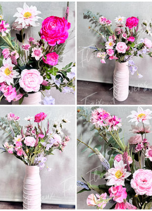 Silk delicate Floral vase Arrangement in cerise, peach, pale blue, lilac and White with garden, chrysanthemum, astilbe,Veronica dahlia sweet pea-Garden Views Beaux Faux Flowers Shop