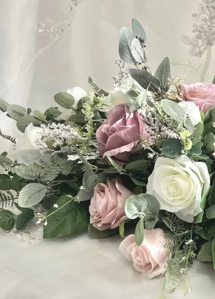 Artificial flowerTable Arrangement with blush, dusty pink and cream roses, eucalyptus, astilbe Beaux Faux Flowers Shop