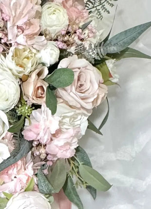 Cascading white pink silk flower Bridal Bouquet close up