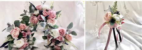 Two floral bouquets with pink and white flowers on a light background