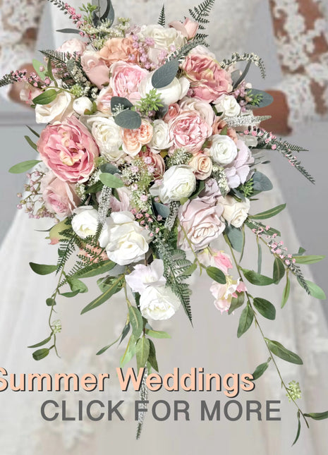 Silk Cascade Bridal Bouquet Roses, Peony in Cream, peach, blush, pink, ivory Beaux Faux Flowers Shop