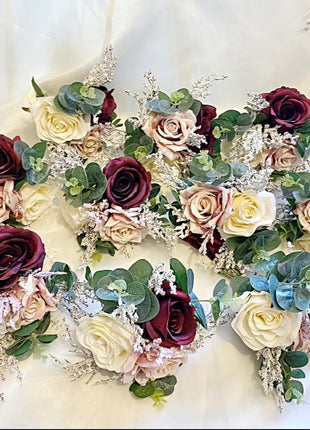 Silk Artificial cascading Rose bouquet, pink, burgundy, Ivory wedding flowers package