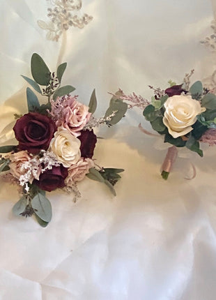 Silk Artificial cascading Rose bouquet, pink, burgundy, Ivory wedding flowers package