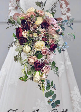 Silk Artificial cascading Rose bouquet, pink, burgundy, Ivory wedding flowers package