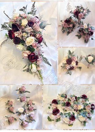 Silk Artificial cascading Rose bouquet, pink, burgundy, Ivory wedding flowers package