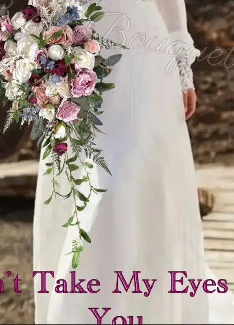 Bouquet of flowers held by a person wearing a white dress with text overlay.