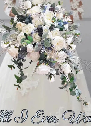 Cascading Scottish Blue Thistle Bridal Bouquet with White & Ivory silk Rose Beaux Faux Flowers Shop