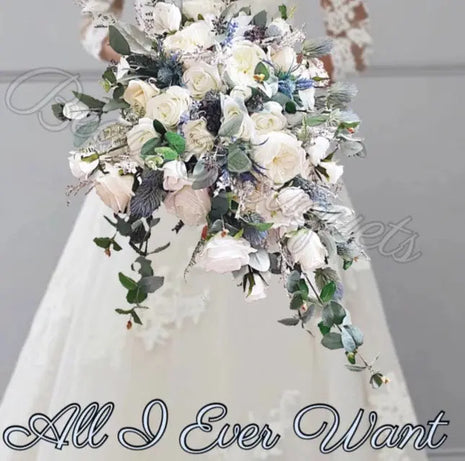 Cascading Scottish Blue Thistle Bridal Bouquet with White & Ivory silk Rose Beaux Faux Flowers Shop