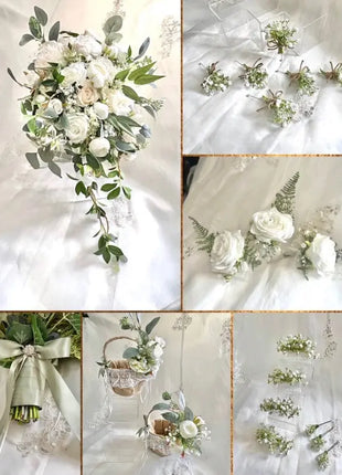 Artificial Roses & Peonies , Cream, Ivory Teardrop Bridal Bouquet Wedding Fl Beaux Faux Flowers Shop