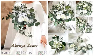Artificial Roses, Peonies in White Ivory loose Round Spray Bridal Bouquet Wedding Flowers Beaux Faux Flowers Shop