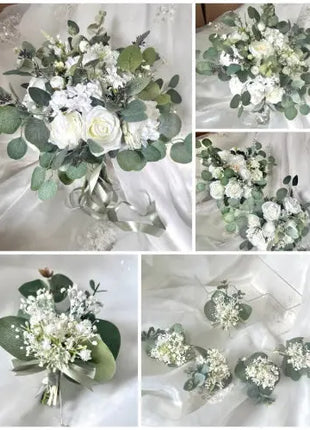 Artificial Roses, Peonies in White Ivory loose Round Spray Bridal Bouquet Wedding Flowers Beaux Faux Flowers Shop