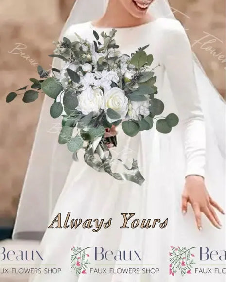 Artificial Roses, Peonies in White Ivory loose Round Spray Bridal Bouquet Wedding Flowers Beaux Faux Flowers Shop