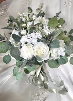 Artificial Roses, Peonies in White Ivory loose Round Spray Bridal Bouquet Wedding Flowers Beaux Faux Flowers Shop