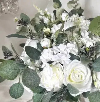Artificial Roses, Peonies in White Ivory loose Round Spray Bridal Bouquet Wedding Flowers Beaux Faux Flowers Shop
